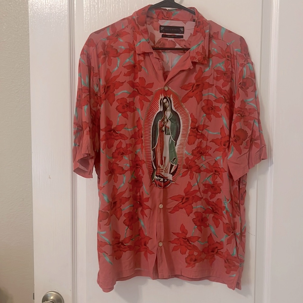 All Saint’s Relaxed Camp Shirt Virgen de Guadalupe Rare Print Large